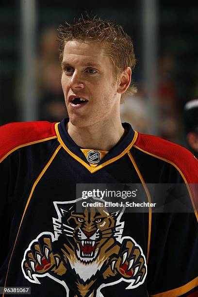 Bryan Allen of the Florida Panthers skates on the ice prior to the start of the game against the Anaheim Ducks at the BankAtlantic Center on February...