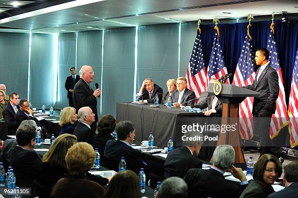 Senate Judiciary Committee Chairman Sen. Patrick Leahy , asks U.S. President Barack Obama about the delay in judicial appointments during a question...