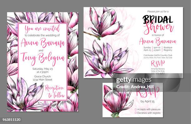 vektor-hochzeit stationären gesetzt, bridal dusche und hochzeitseinladung, rsvp, mit aquarell und tusche magnolia blumen - rsvp stock-grafiken, -clipart, -cartoons und -symbole