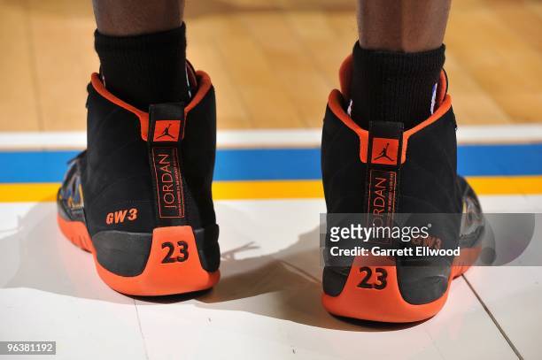 Detailed view of the shoes worn by Gerald Wallace of the Charlotte Bobcats during the game against the Denver Nuggets on January 25, 2010 at the...
