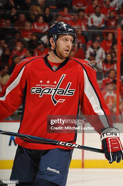 Eric Fehr of the Washington Capitals looks on during a NHL hockey game against the Anaheim Ducks on January 27, 2010 at the Verizon Center in...