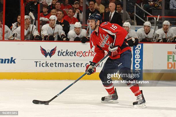 Eric Fehr of the Washington Capitals skates with the puck during a NHL hockey game against the Anaheim Ducks on January 27, 2010 at the Verizon...