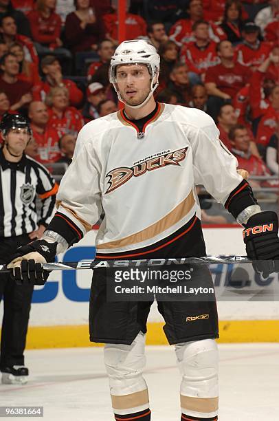 Steve Eminger of the Anaheim Ducks looks on during a NHL hockey game against the Washington Capitals on January 27, 2010 at the Verizon Center in...