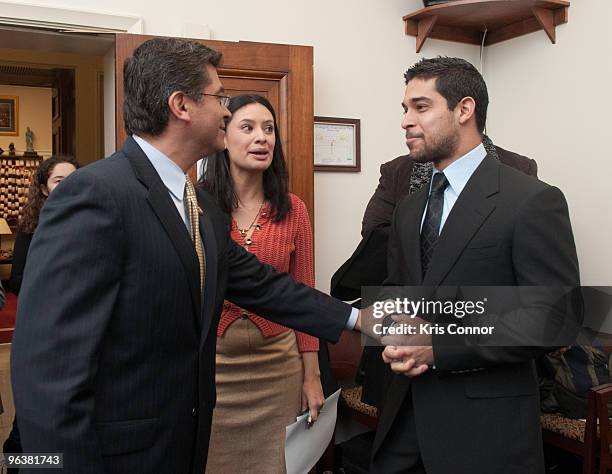 Congressman Xavier Becerra, Maria Teresa Kumar and Wilmer Valderrama before a press conference to unveil the National Census Campaign at Rayburn...