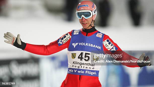 Martin Koch of Austria competes during the FIS Ski Jumping World Cup on February 3, 2010 in Klingenthal, Germany.