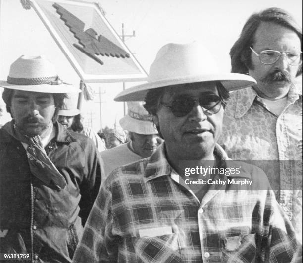 Labor activist Cesar Chavez leads the United Farm Worker's 1,000 Mile March in California, summer 1975. The march was a 59 day trek organized by the...