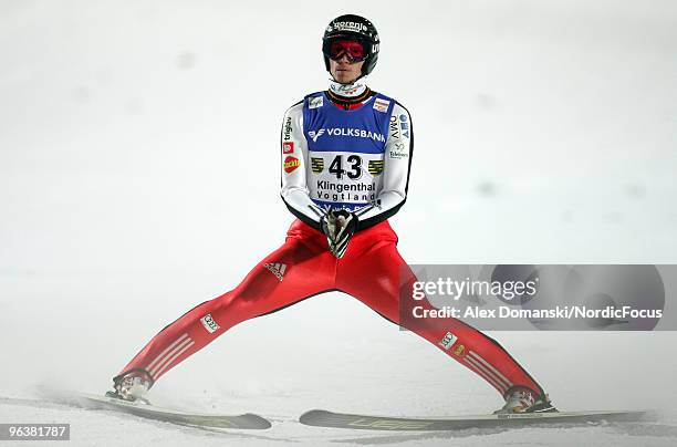 Robert Kranjec of Slovenia competes during the FIS Ski Jumping World Cup on February 3, 2010 in Klingenthal, Germany.