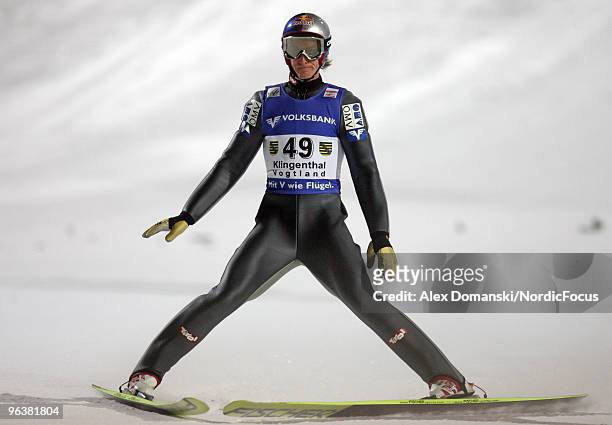 Gregor Schlierenzauer of Austria competes during the FIS Ski Jumping World Cup on February 3, 2010 in Klingenthal, Germany.