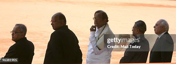 Union Ministers Pranab Mukherjee, Sharad Pawar, P Chidambaram, S M Krishna and Kapil Sibal during the ceremonial reception of German President Horst...