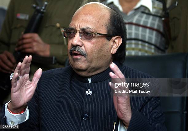 Former Samajwadi Party Leader Amar Singh addressing a Press Conference in New Delhi after his expulsion from the party on Tuesday, February 2, 2010.