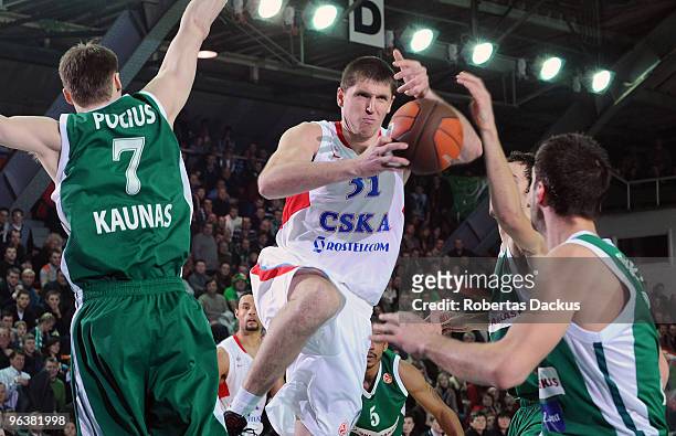 Viktor Khryapa, #31 of CSKA Moscow competes during the Euroleague Basketball 2009-2010 Last 16 Game 2 between Zalgiris Kaunas vs CSKA Moscow at S....