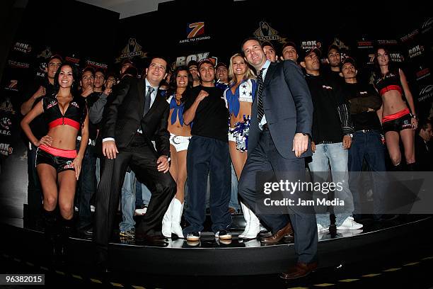 Fernando Beltran and Todd Duboef pose with Mexican Boxers of Promotora Top Rank during a press conference for Pacquiao v Clottey fight at Regis Hotel...