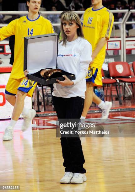 During the Euroleague Basketball 2009-2010 Last 16 Game 2 between Olympiacos Piraeus vs BC Khimki Moscow Region at Peace and Friendship Stadium on...