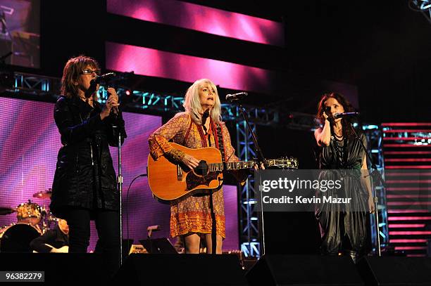 Lucinda Williams, Emmylou Harris and Patty Griffin performs at 2010 MusiCares Person Of The Year Tribute To Neil Young at the Los Angeles Convention...