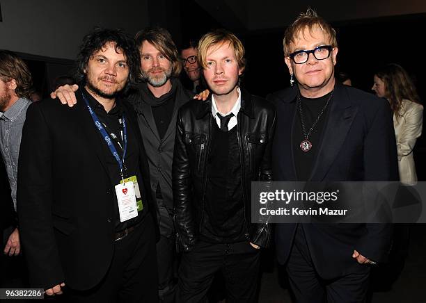 Jeff Tweedy, Pat Sansone of Wilco, Beck and Elton John backstage at 2010 MusiCares Person Of The Year Tribute To Neil Young at the Los Angeles...