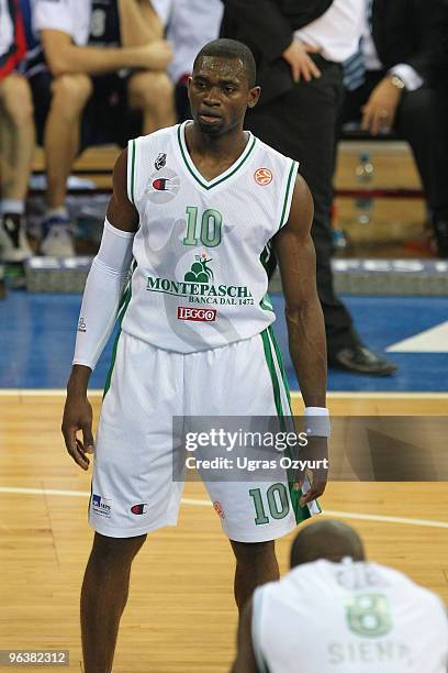 Romain Sato, #10 of Montepaschi Siena competes with in action during the Euroleague Basketball 2009-2010 Last 16 Game 2 between Efes Pilsen Istanbul...