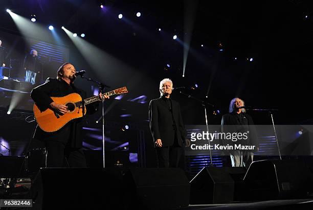 Stephen Stills, Graham Nash and David Crosby of Crosby, Stills and Nash performs at 2010 MusiCares Person Of The Year Tribute To Neil Young at the...