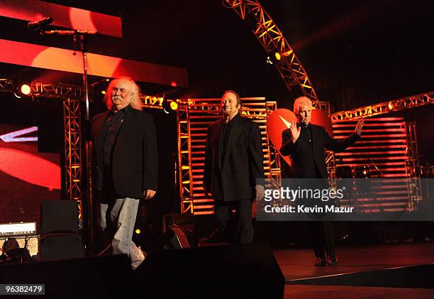 David Crosby, Graham Nash and Stephen Stills of Crosby, Stills and Nash performs at 2010 MusiCares Person Of The Year Tribute To Neil Young at the...