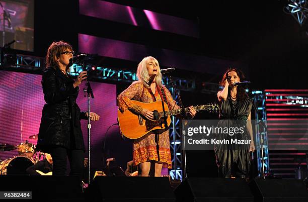 Lucinda Williams, Emmylou Harris and Patty Griffin performs at 2010 MusiCares Person Of The Year Tribute To Neil Young at the Los Angeles Convention...