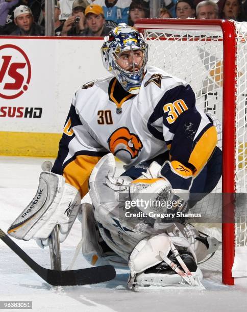 Ryan Miller of the Buffalo Sabres defends his net against the Pittsburgh Penguins on February 1, 2010 at Mellon Arena in Pittsburgh, Pennsylvania.