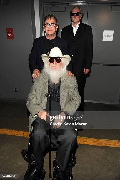 Leon Russell, Elton John and T-Bone Burnett backstage at 2010 MusiCares Person Of The Year Tribute To Neil Young at the Los Angeles Convention Center...