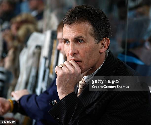 Tony Granato assistant coach of the Pittsburgh Penguins looks on against the Buffalo Sabres on February 1, 2010 at Mellon Arena in Pittsburgh,...