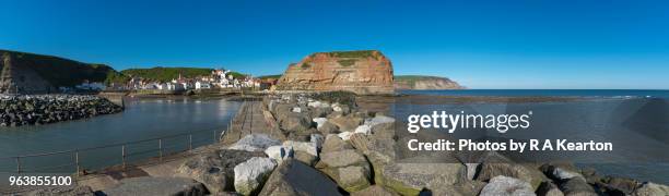 panoramic view of staithes harbour, north yorkshire, england - stitching fotografías e imágenes de stock