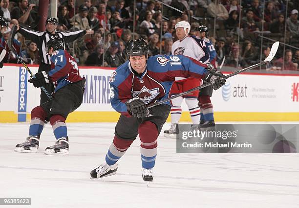 Darcy Tucker of the Colorado Avalanche skates against the Columbus Blue Jackets at the Pepsi Center on February 02, 2010 in Denver, Colorado. The...