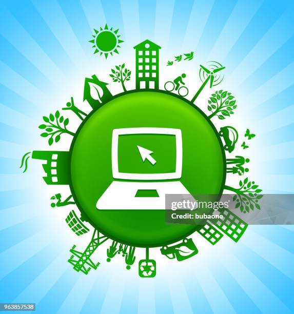 laptop environment green button background on blue sky - environmentalist laptop stock illustrations