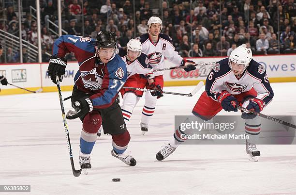Ryan O'Reilly of the Colorado Avalanche skates against the Columbus Blue Jackets at the Pepsi Center on February 02, 2010 in Denver, Colorado. The...