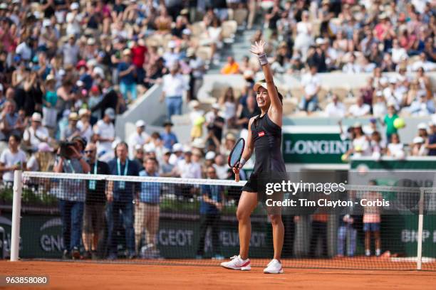 French Open Tennis Tournament - Day One. Wang Qiang of China celebrates her victory over Venus Williams of the United States on Court Suzanne-Lenglen...