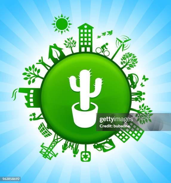 cactus plant environment green button background on blue sky - holding plant pot stock illustrations