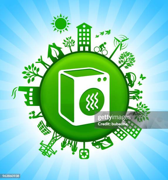 dryer environment green button background on blue sky - electric vehicle at home stock illustrations