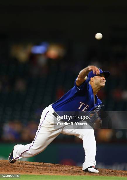 Matt Bush of the Texas Rangers throws in the ninth inning against the Kansas City Royals at Globe Life Park in Arlington on May 24, 2018 in...