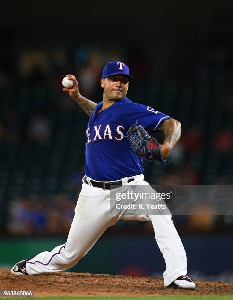 Matt Bush of the Texas Rangers throws in the ninth inning against the Kansas City Royals at Globe Life Park in Arlington on May 24, 2018 in...