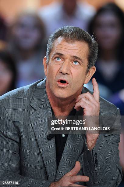 Actor Mel Gibson speaks during the TV broadcast show "Le Grand Journal" on Canal + channel on February 3, 2010 in Paris. Gibson presented "Hors de...
