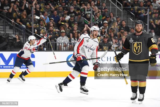 Lars Eller of the Washington Capitals celebrates his first-period goal against the Vegas Golden Knights in Game Two of the 2018 NHL Stanley Cup Final...
