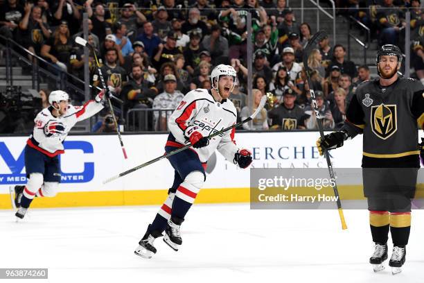 Lars Eller of the Washington Capitals celebrates his first-period goal against the Vegas Golden Knights in Game Two of the 2018 NHL Stanley Cup Final...