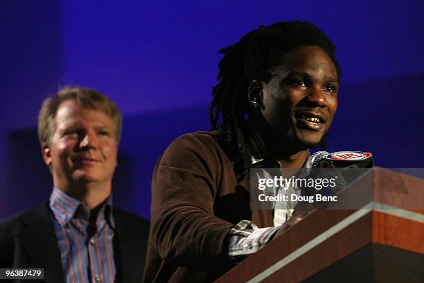 Chris Johnson of the Tennessee Titans speaks to members of the media after being named the FedEx Ground NFL Player of the Year at a press conference...