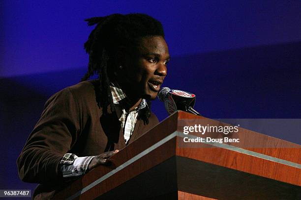 Chris Johnson of the Tennessee Titans speaks to members of the media after being named the FedEx Ground NFL Player of the Year at a press conference...