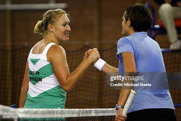 Elena Baltacha of AEGON team Great Britain shakes hands with Sandra Martinovic after her 6-1,6-1 victory during the second match against of Bosnia...