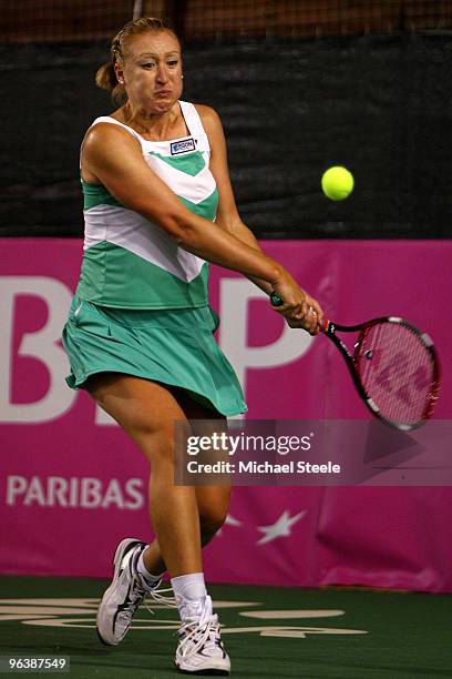 Elena Baltacha of AEGON team Great Britain in action during her 6-1,6-1 victory against Sandra Martinovic of Bosnia and Herzegovina on day one of the...