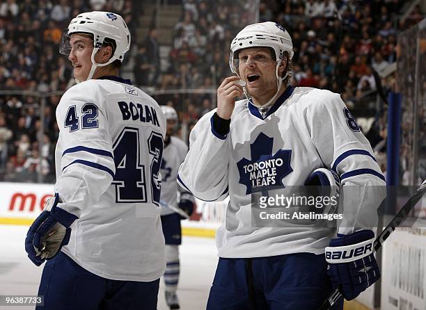 Tyler Bozak jokes with Phil Kessel of the Toronto Maple Leafs during game action against the New Jersey Devils on February 2, 2010 at the Air Canada...