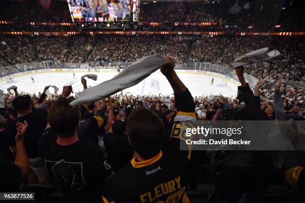 Vegas Golden Knights fans wave towels in Game Two of the Stanley Cup Final against the Washington Capitals during the 2018 NHL Stanley Cup Playoffs...