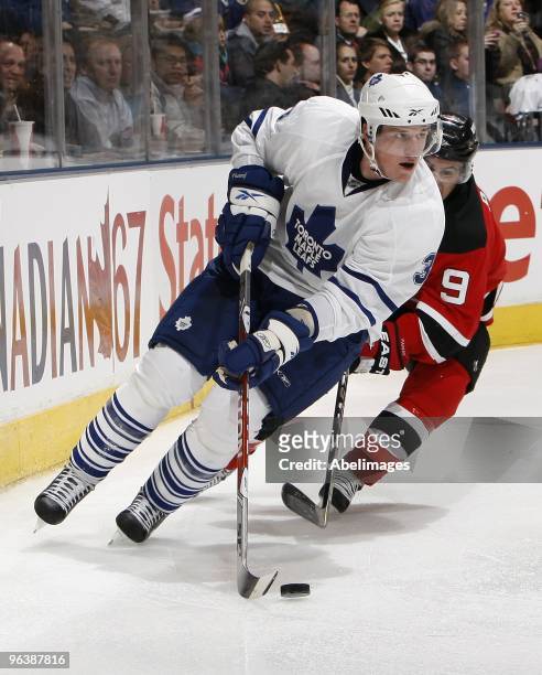 Dion Phaneuf of the Toronto Maple Leafs skates up the ice during game action against the New Jersey Devils on February 2, 2010 at the Air Canada...
