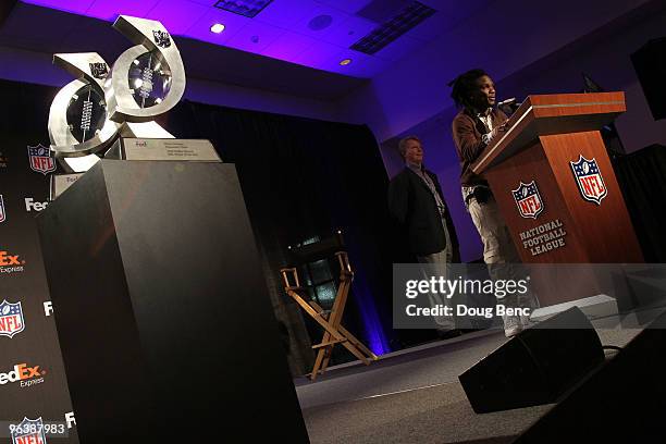 Chris Johnson of the Tennessee Titans speaks to members of the media after being named the FedEx Ground NFL Player of the Year at a press conference...