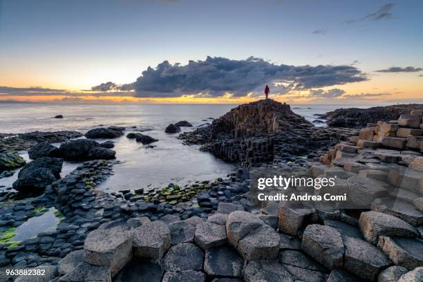 a man looking at sunset on basalt column. - andrea comi stock-fotos und bilder