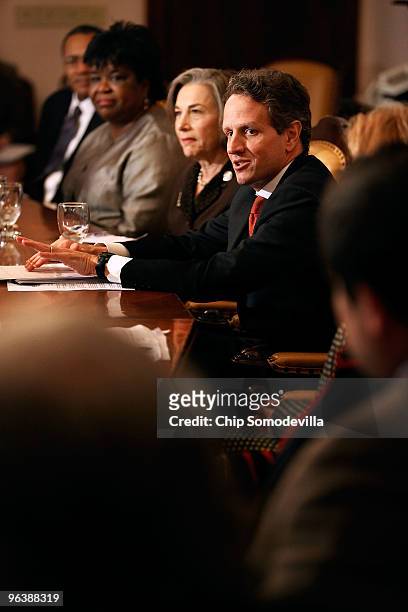 Treasury Secretary Timothy Geithner attends a meeting with Rep. Jan Schakowsky and Community Development Financial Institution bankers at the...