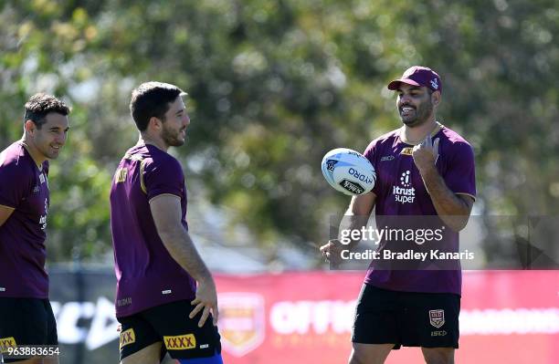 Greg Inglis, Billy Slater and Ben Hunt share a laugh during a Queensland Maroons training session at Sanctuary Cove on May 31, 2018 at the Gold...