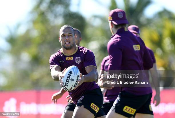 Will Chambers looks to pass during a Queensland Maroons training session at Sanctuary Cove on May 31, 2018 at the Gold Coast, Australia.